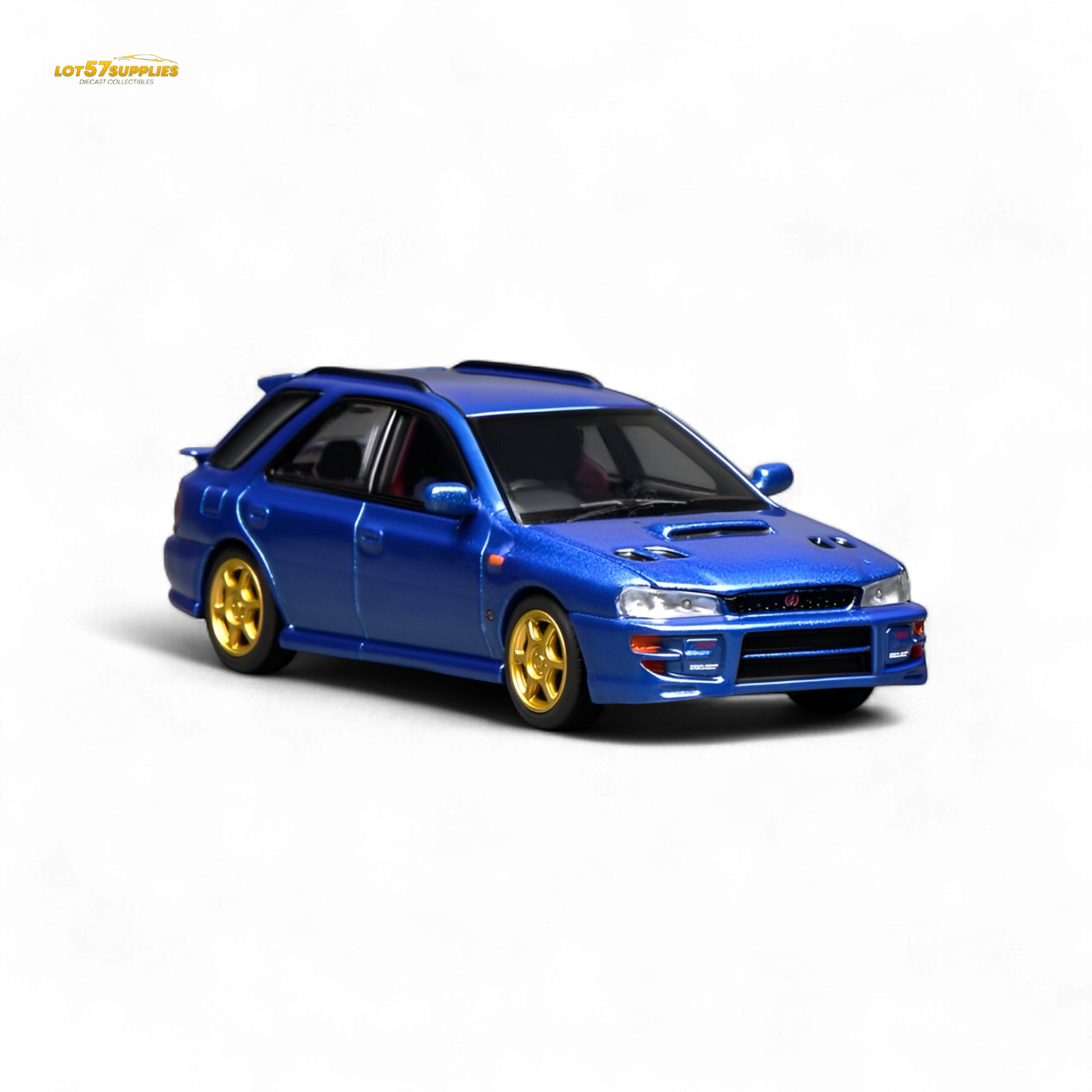 Detailed 1:64 scale Subaru Impreza Wagon WRX STi diecast model by Lot57Supplies, showcasing realistic features and vibrant colors.