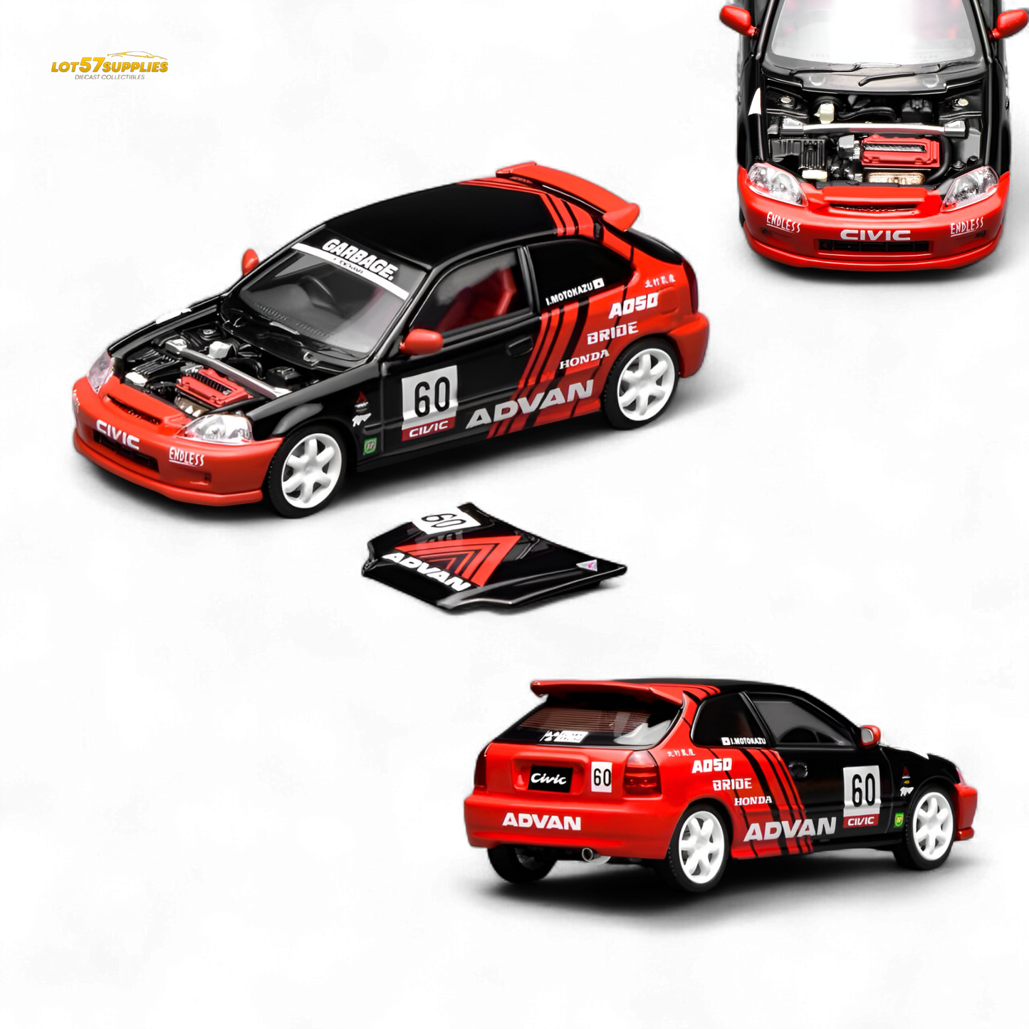 Pre-order Honda Civic Type R EK9 diecast model in Advan livery, 1:64 scale, featuring detailed design and vibrant racing decals.
