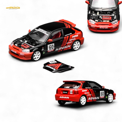 Pre-order Honda Civic Type R EK9 diecast model in Advan livery, 1:64 scale, featuring detailed design and vibrant racing decals.