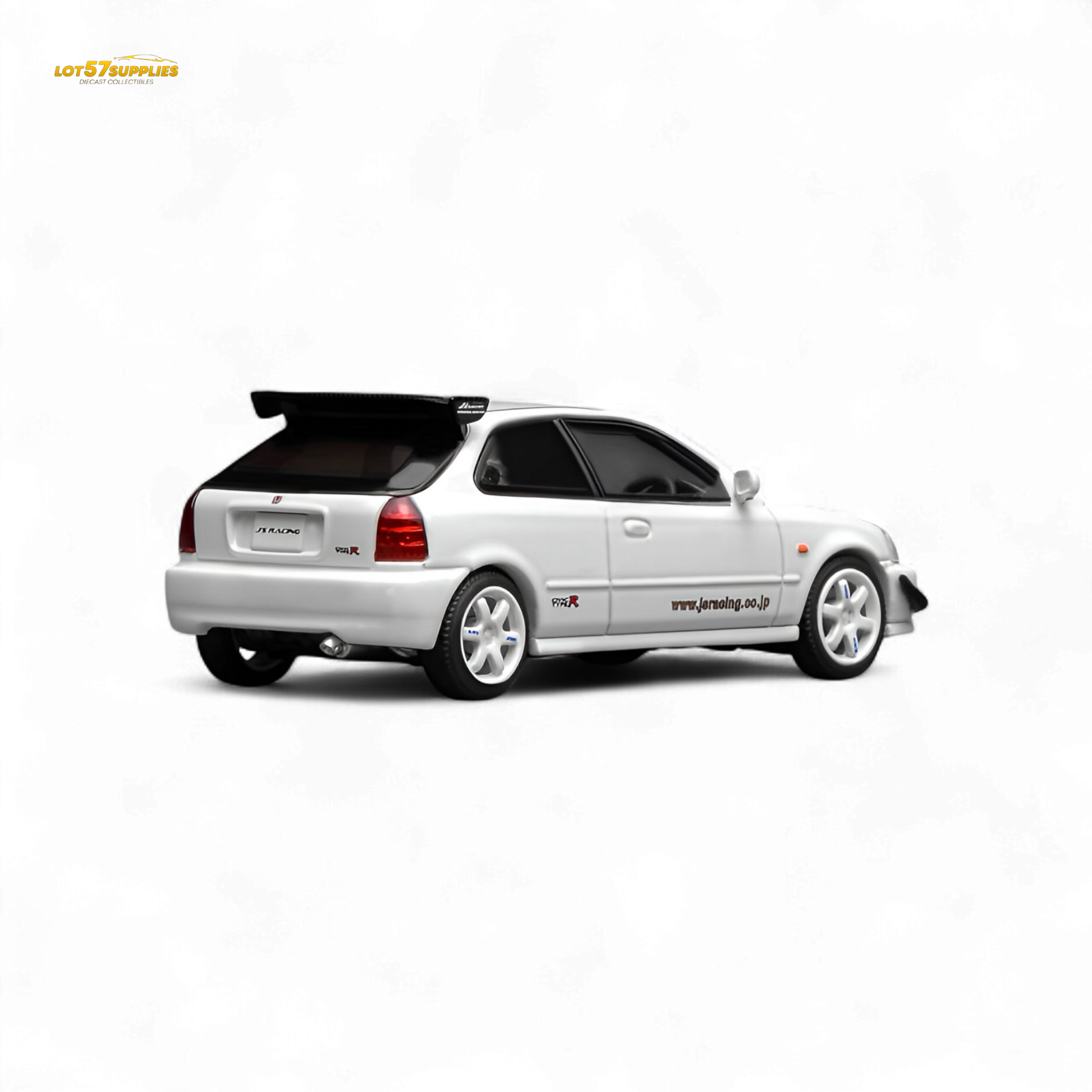 White 1:64 scale Honda Civic Type R EK9 diecast model with J's Racing livery, detailed design, and accurate branding.
