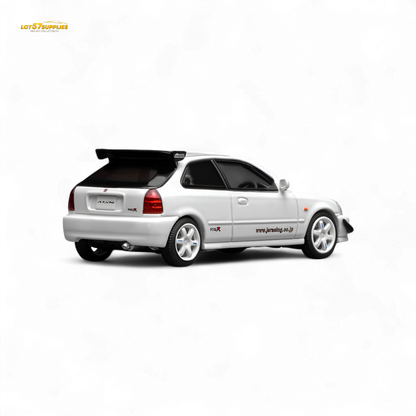 White 1:64 scale Honda Civic Type R EK9 diecast model with J's Racing livery, detailed design, and accurate branding.