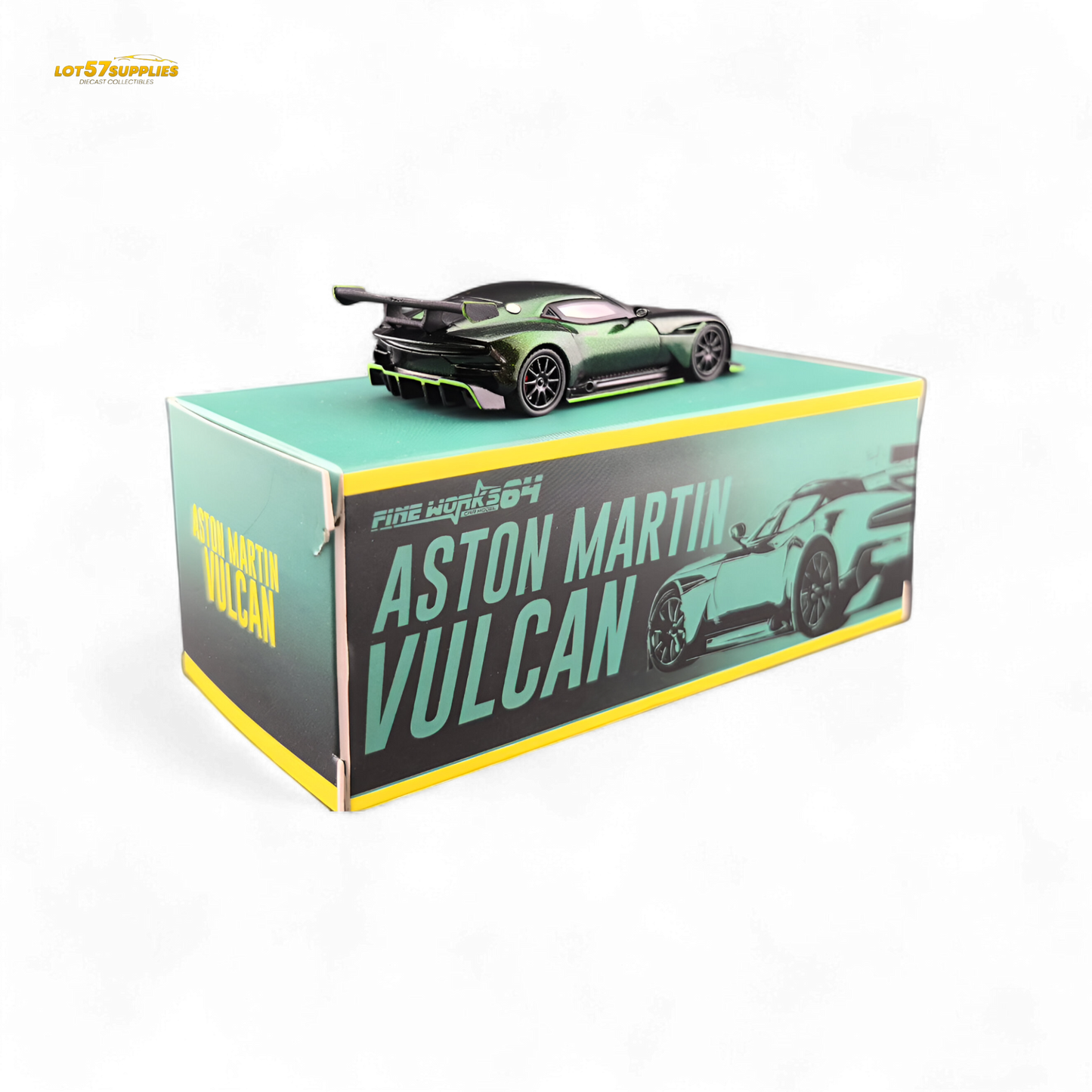 Chameleon green 1:64 scale Aston Martin Vulcan diecast model by Fine Works64, detailed and vibrant for collectors.