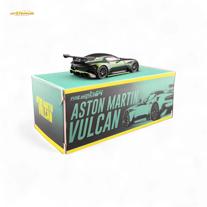 Chameleon green 1:64 scale Aston Martin Vulcan diecast model by Fine Works64, detailed and vibrant for collectors.