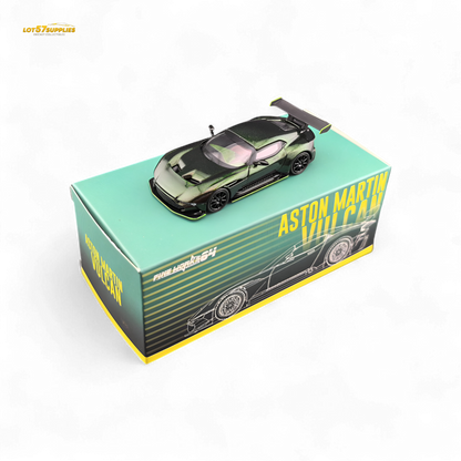 Chameleon green 1:64 Aston Martin Vulcan diecast model by Fine Works64, detailed miniature car on a white background.