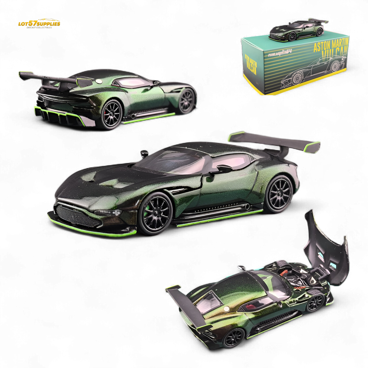 A 1:64 scale Lot57Supplies Diecast Aston Martin Vulcan in chameleon green, detailed miniature car with sleek design.