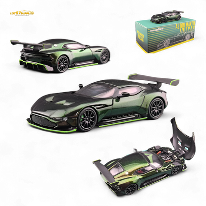A 1:64 scale Lot57Supplies Diecast Aston Martin Vulcan in chameleon green, detailed miniature car with sleek design.
