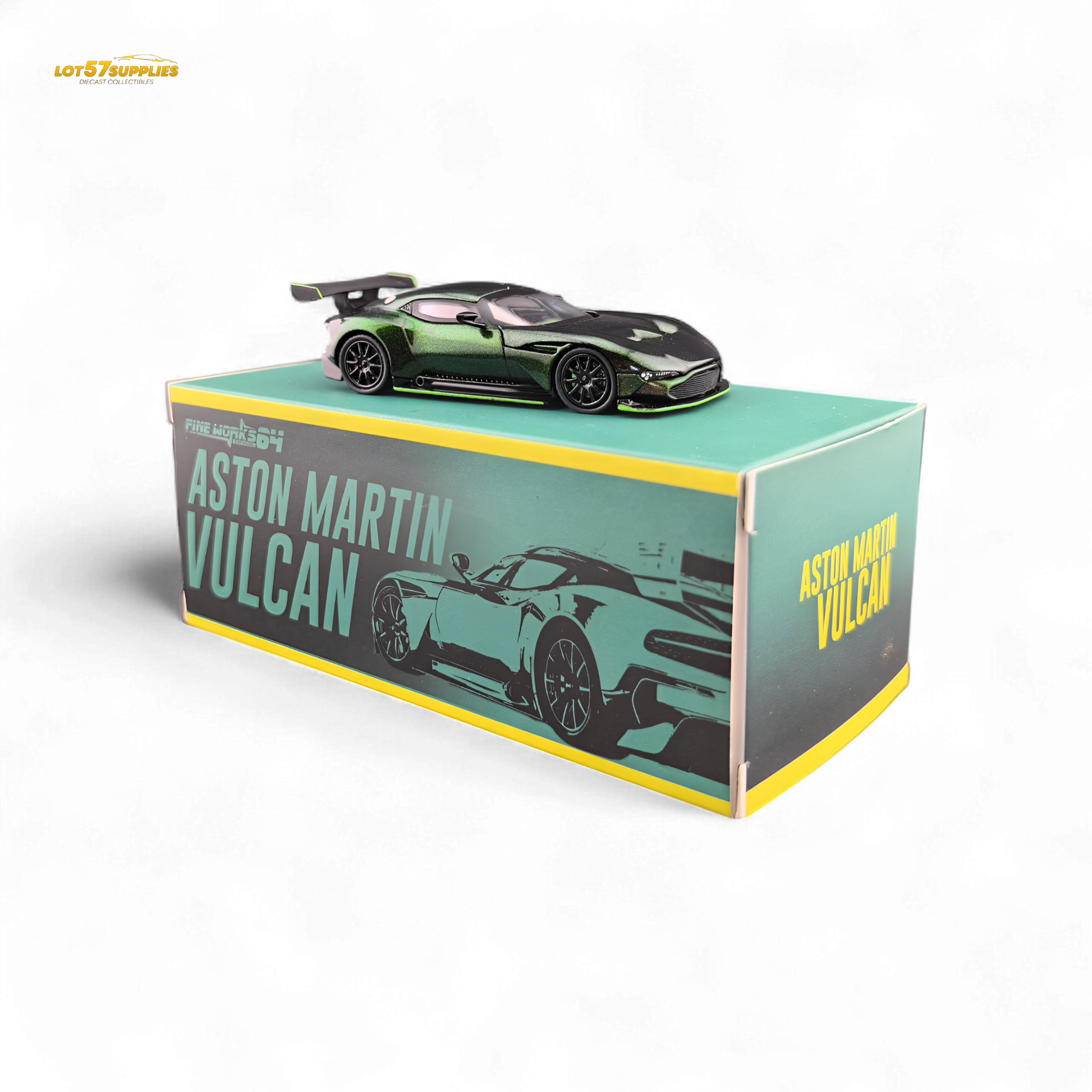 Chameleon green 1:64 Aston Martin Vulcan diecast model by Fine Works64, detailed miniature car with sleek design.