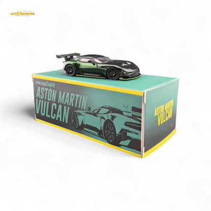 Chameleon green 1:64 Aston Martin Vulcan diecast model by Fine Works64, detailed miniature car with sleek design.