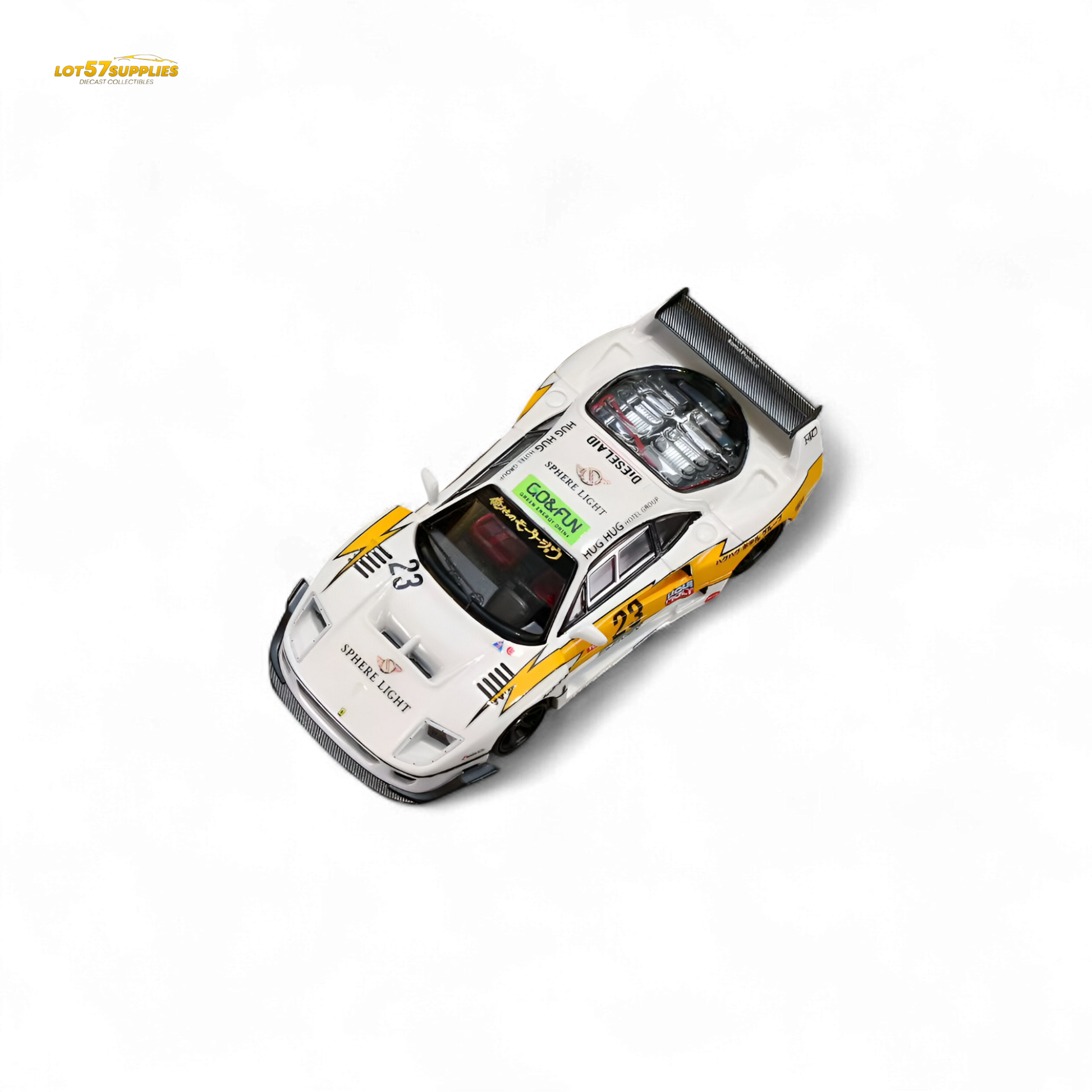 Yellow Ferrari Ghost Player LBWK F40 #23 diecast model in 1:64 scale, with detailed design and vibrant yellow color.