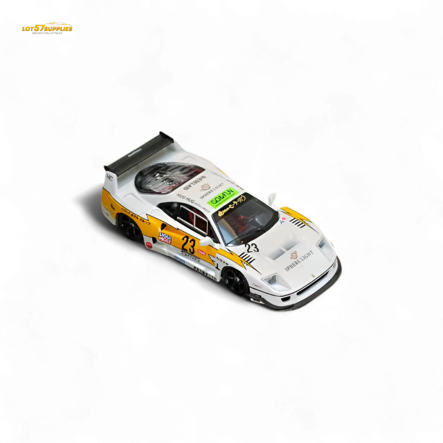Yellow Ferrari Ghost Player LBWK F40 #23 diecast model by Lot57Supplies, detailed 1:64 scale collectible with vibrant color and racing design.