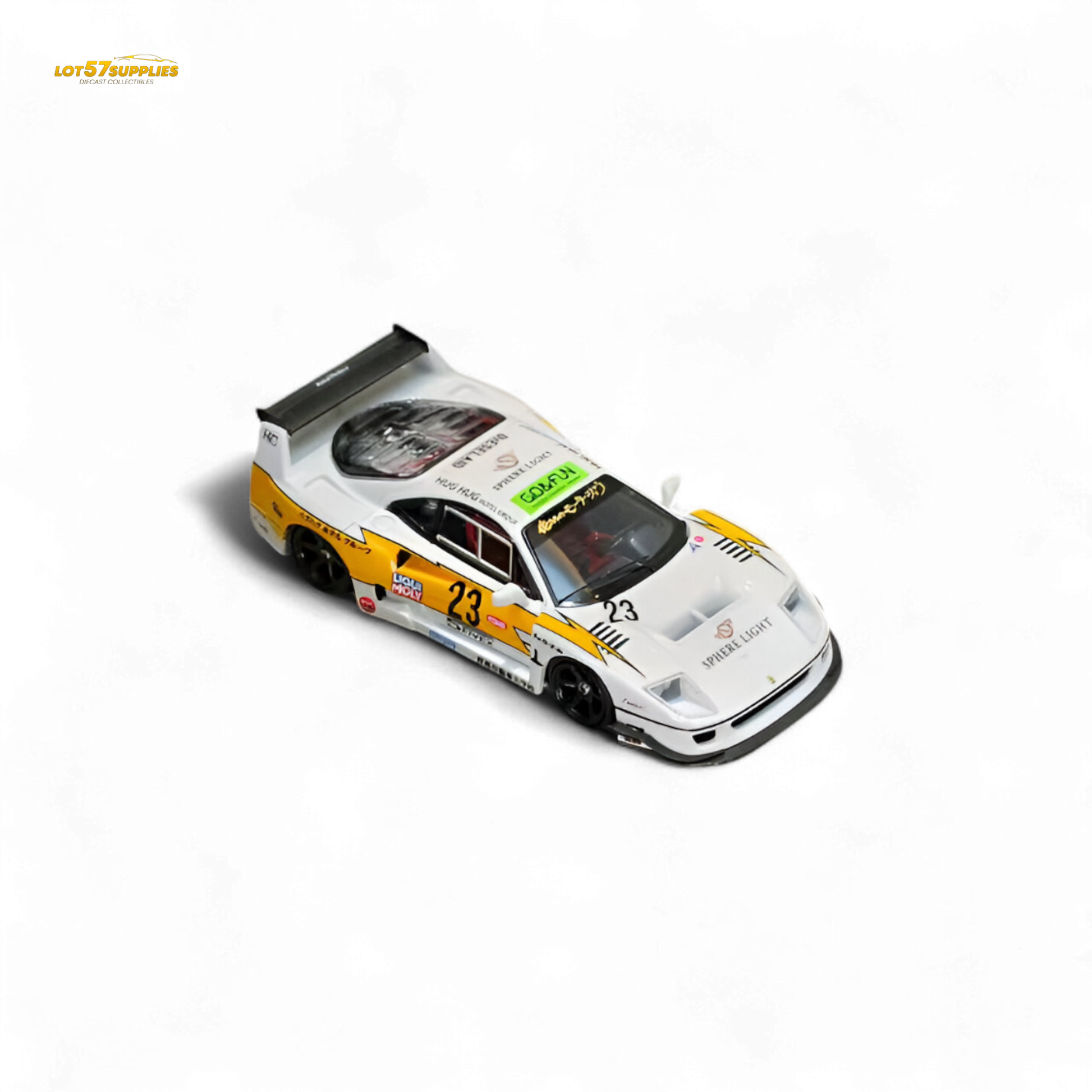 Yellow Ferrari Ghost Player LBWK F40 #23 diecast model by Lot57Supplies, detailed 1:64 scale collectible with vibrant color and racing design.