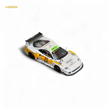 Yellow Ferrari Ghost Player LBWK F40 #23 diecast model by Lot57Supplies, detailed 1:64 scale collectible with vibrant color and racing design.