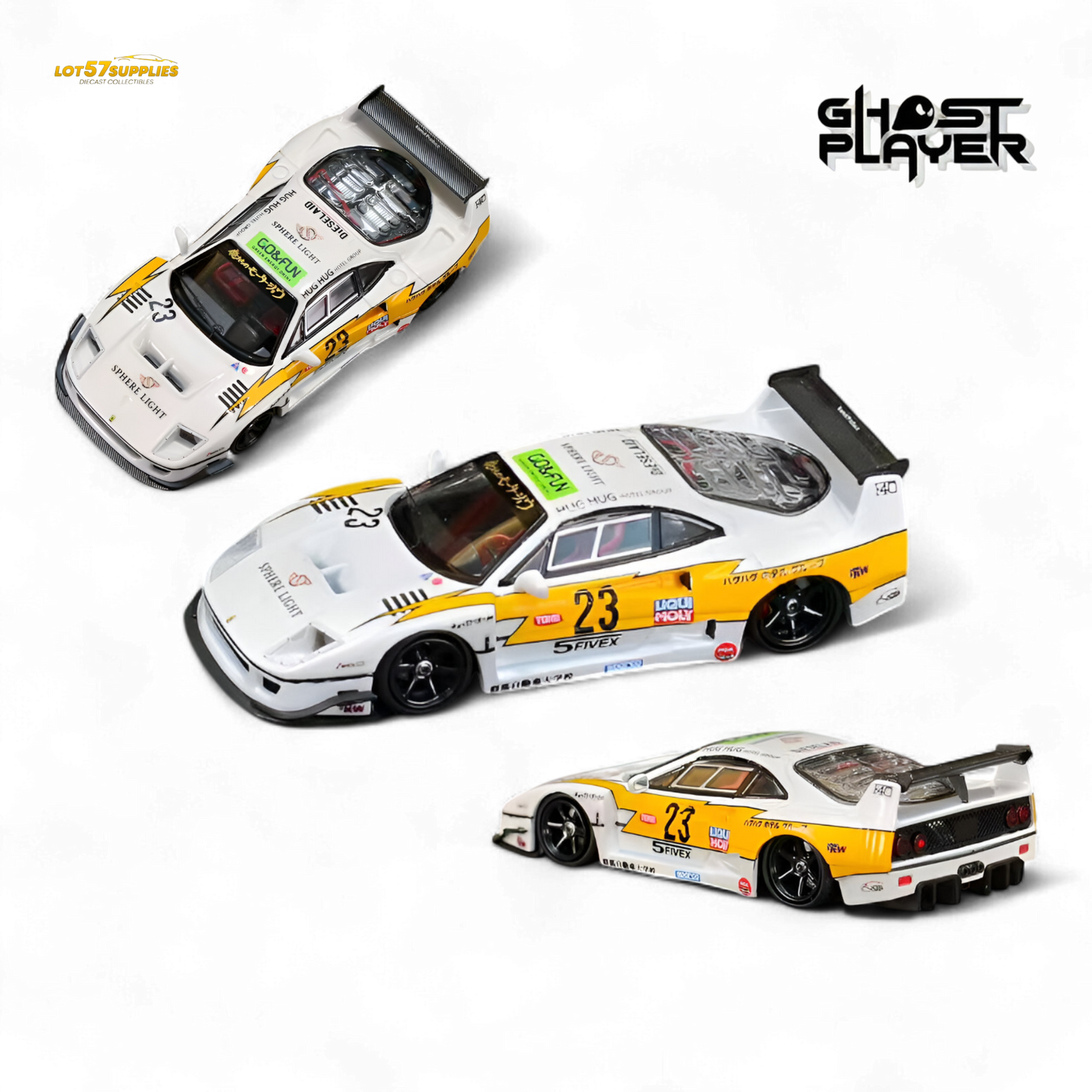 Diecast Ferrari Ghost Player LBWK F40 Yellow Flash #23 1:64 model car from Lot57Supplies Diecast Shop, showing detailed design and vibrant colors.
