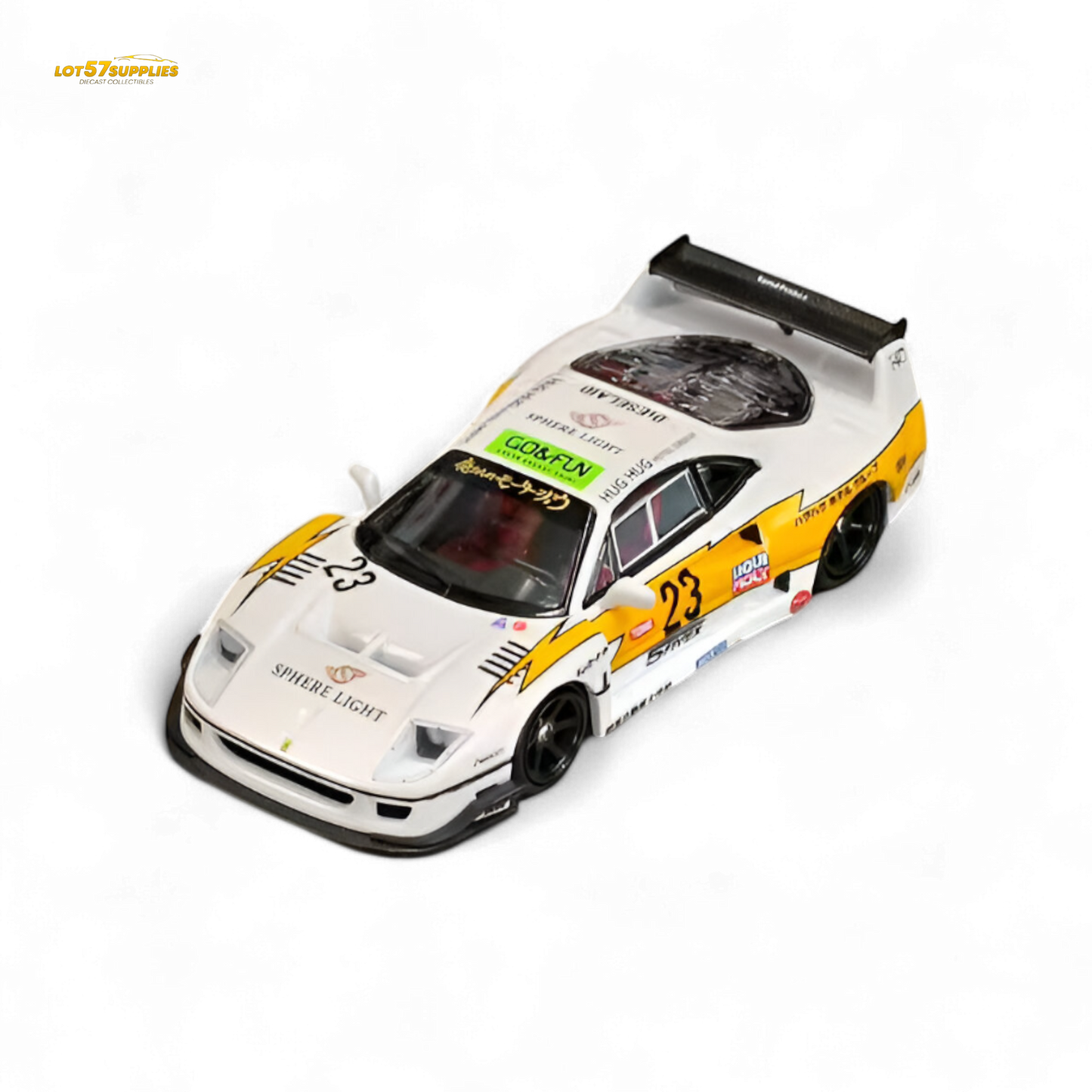 Yellow Ferrari Ghost Player LBWK F40 diecast model #23, detailed 1:64 scale car from Lot57Supplies Diecast Shop.