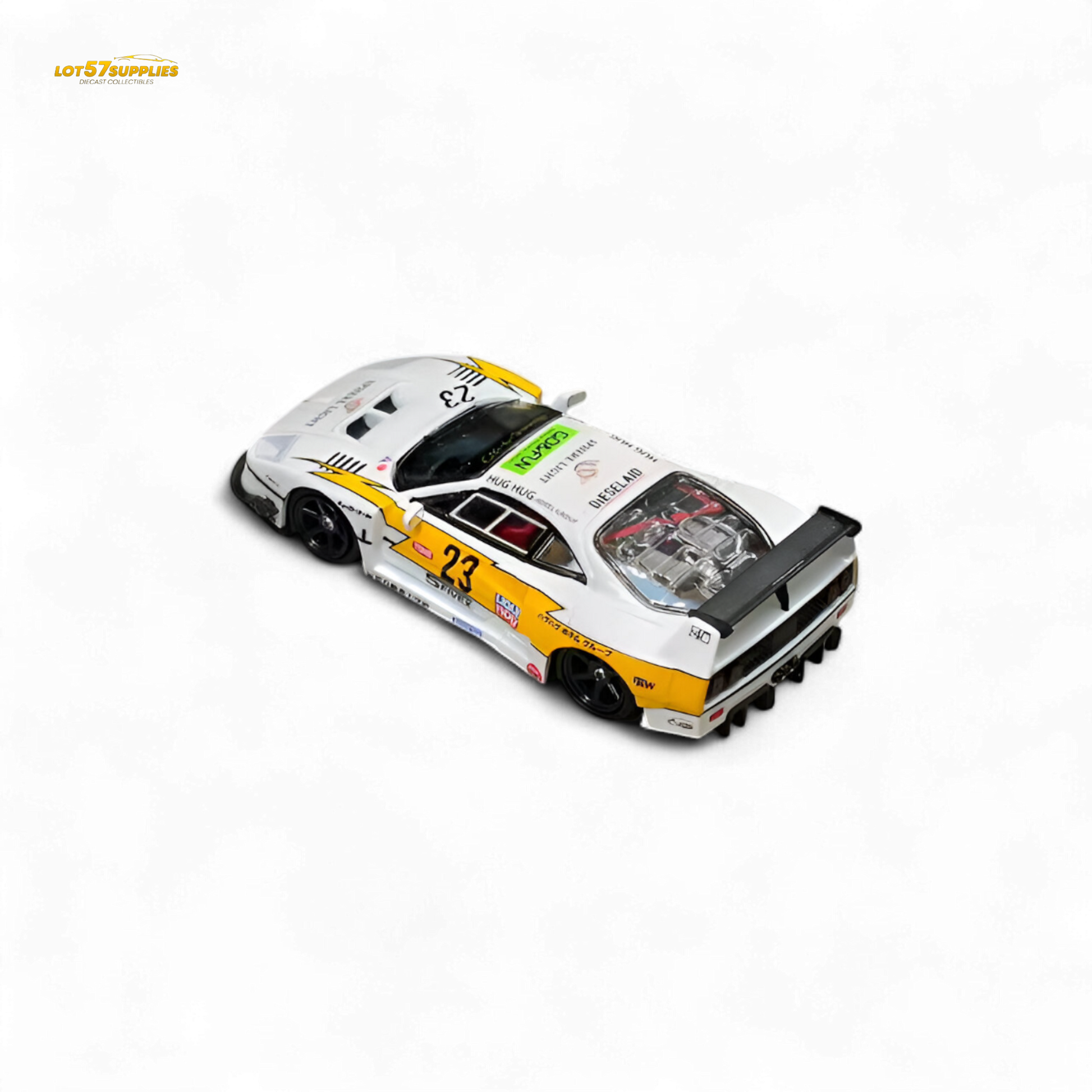 Yellow Ferrari Ghost Player LBWK F40 #23 diecast car in 1:64 scale, featuring bright yellow color and detailed design.