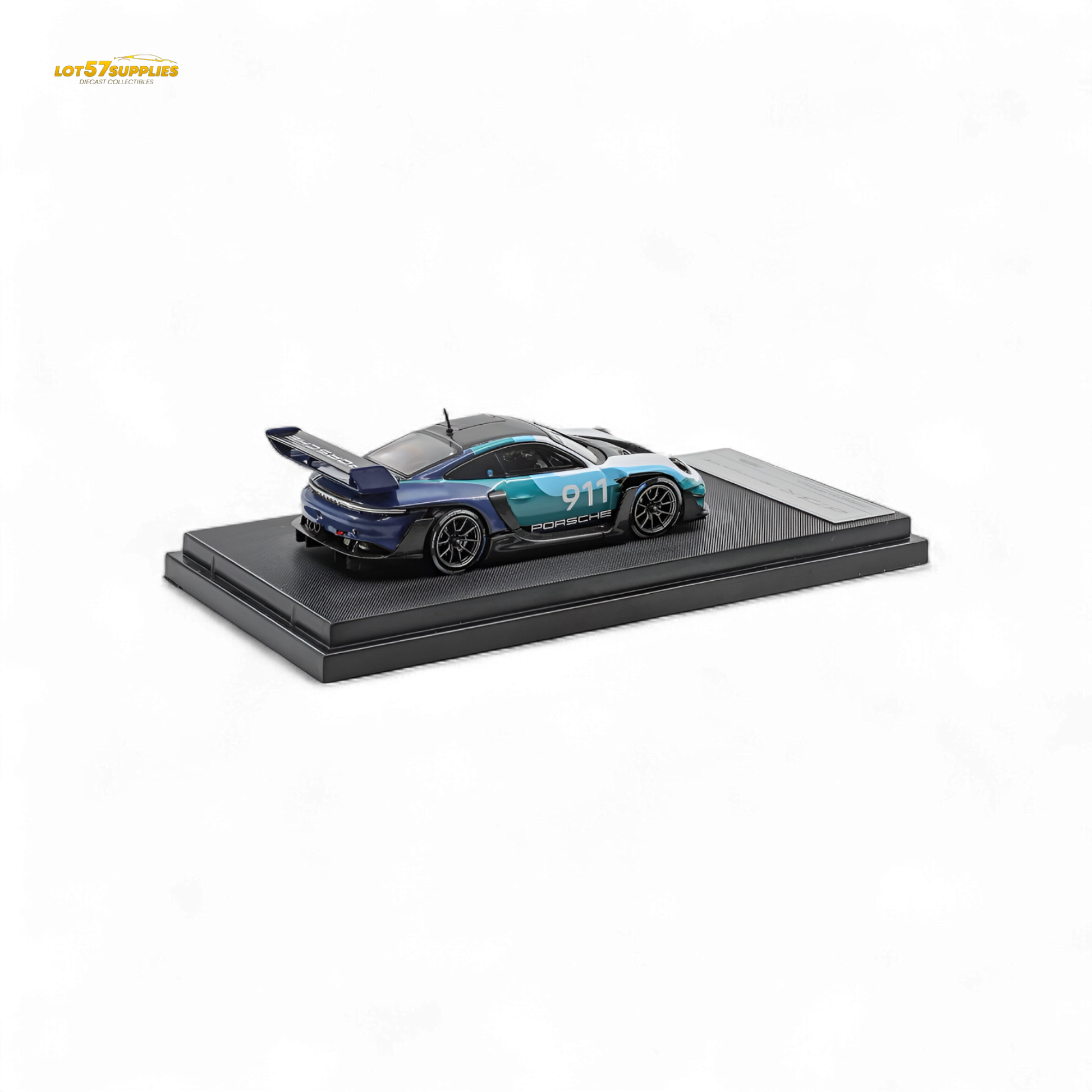 Pre-order Porsche 911 GT3 R Rennsport diecast car in blue and white, detailed 1:64 scale model by Lot57Supplies.