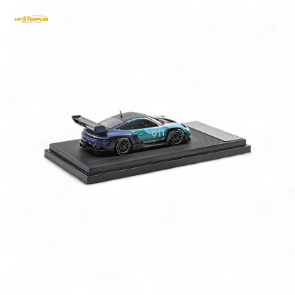 Pre-order Porsche 911 GT3 R Rennsport diecast car in blue and white, detailed 1:64 scale model by Lot57Supplies.