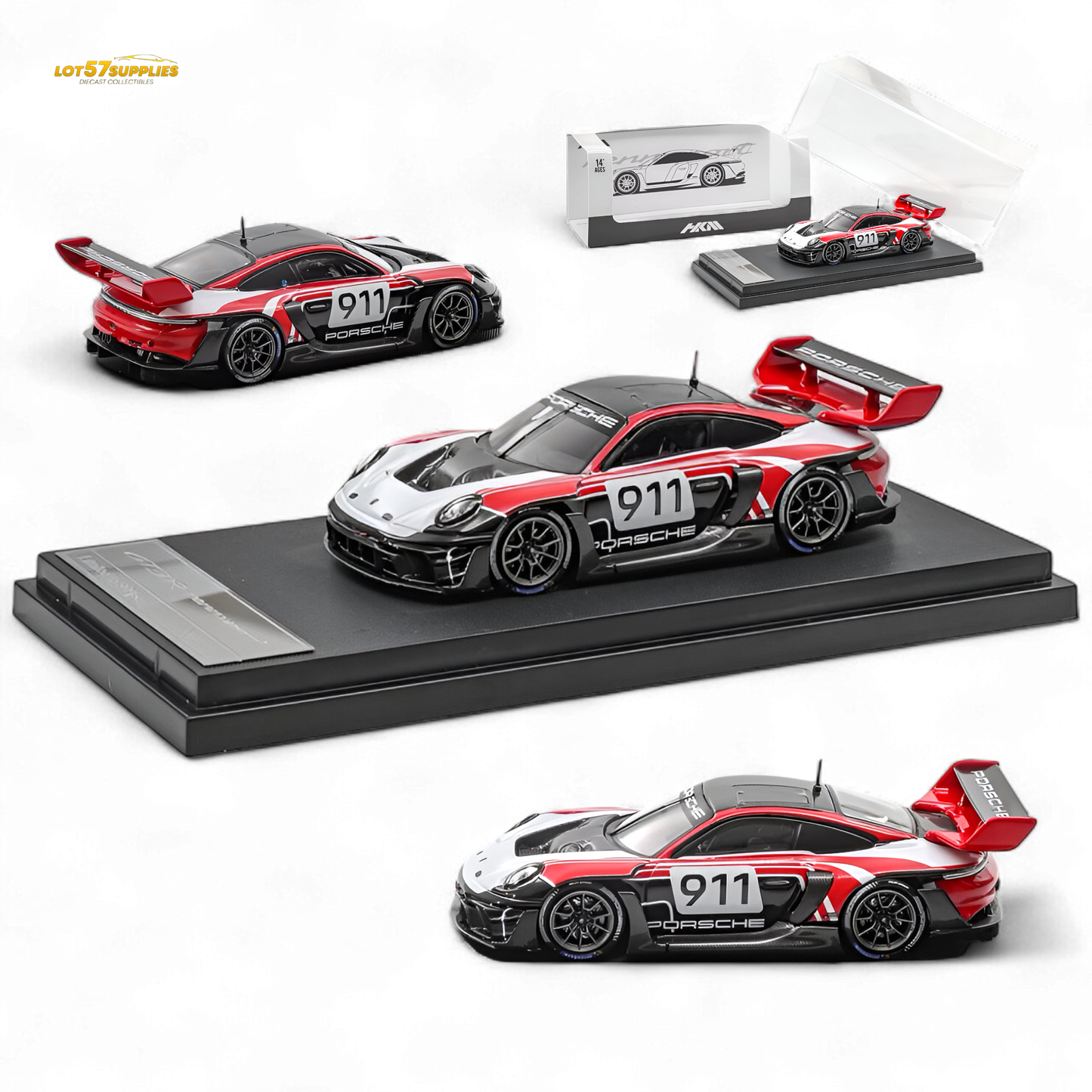 Red and white Porsche 911 GT3 R diecast model in 1:64 scale, showcasing detailed features and racing design.