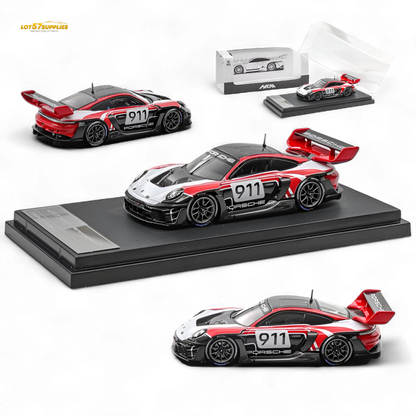 Red and white Porsche 911 GT3 R diecast model in 1:64 scale, showcasing detailed features and racing design.