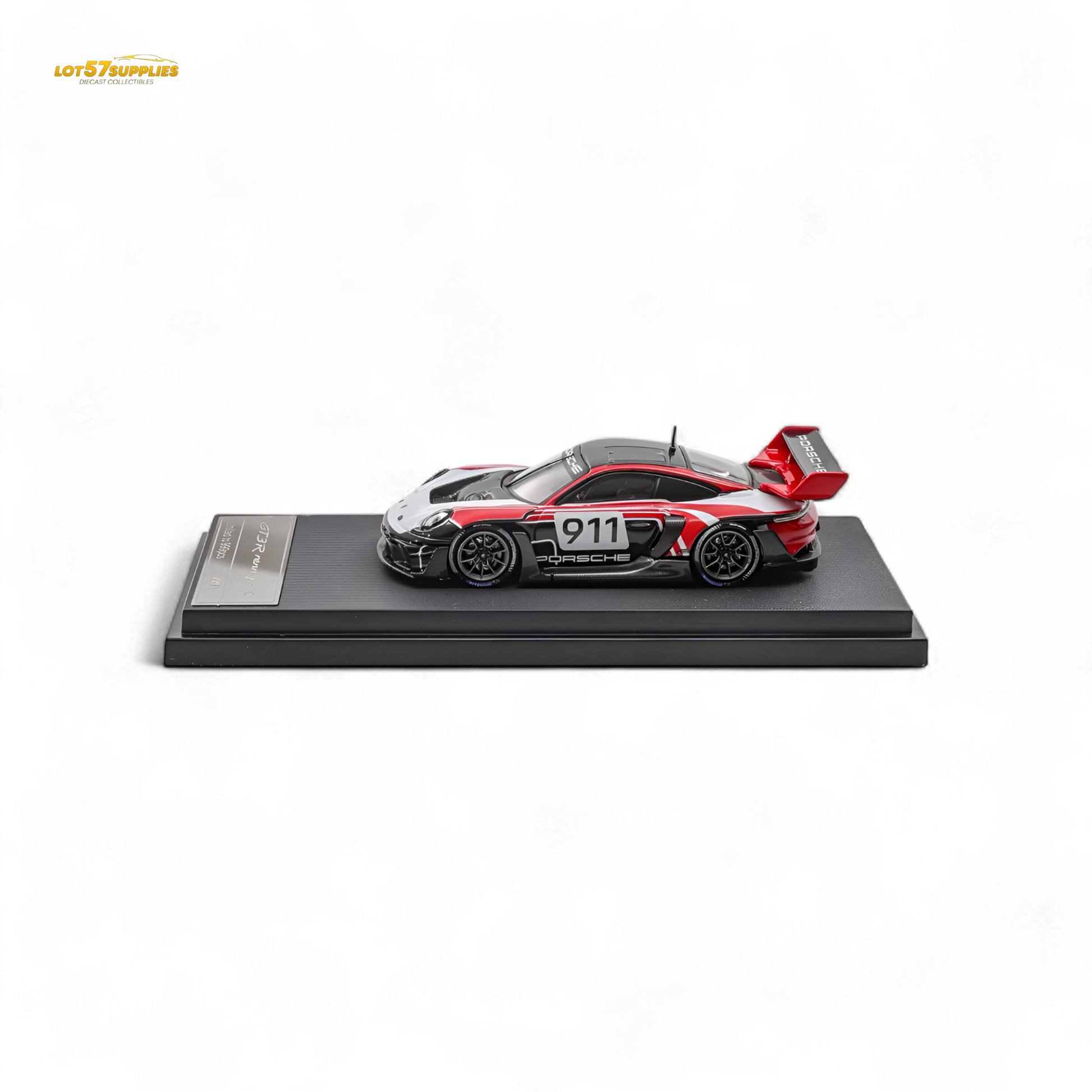Red and white Porsche 911 GT3 R diecast model in 1:64 scale, detailed red and white racing car from Lot57Supplies.