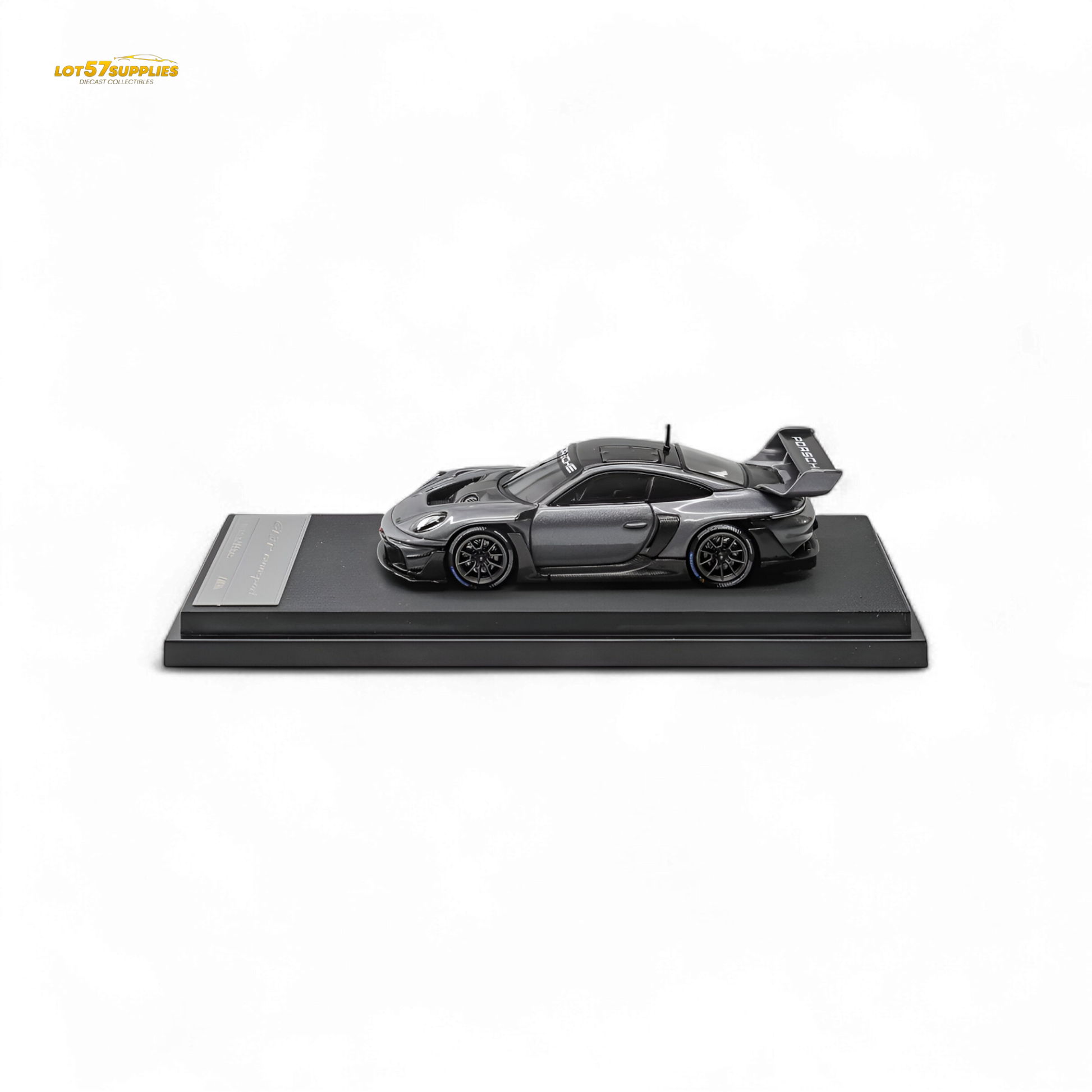 Pre-order Porsche 911 GT3 R diecast model in Rennsport Grey, 1:64 scale by Lot57Supplies Diecast Shop, detailed miniature car.
