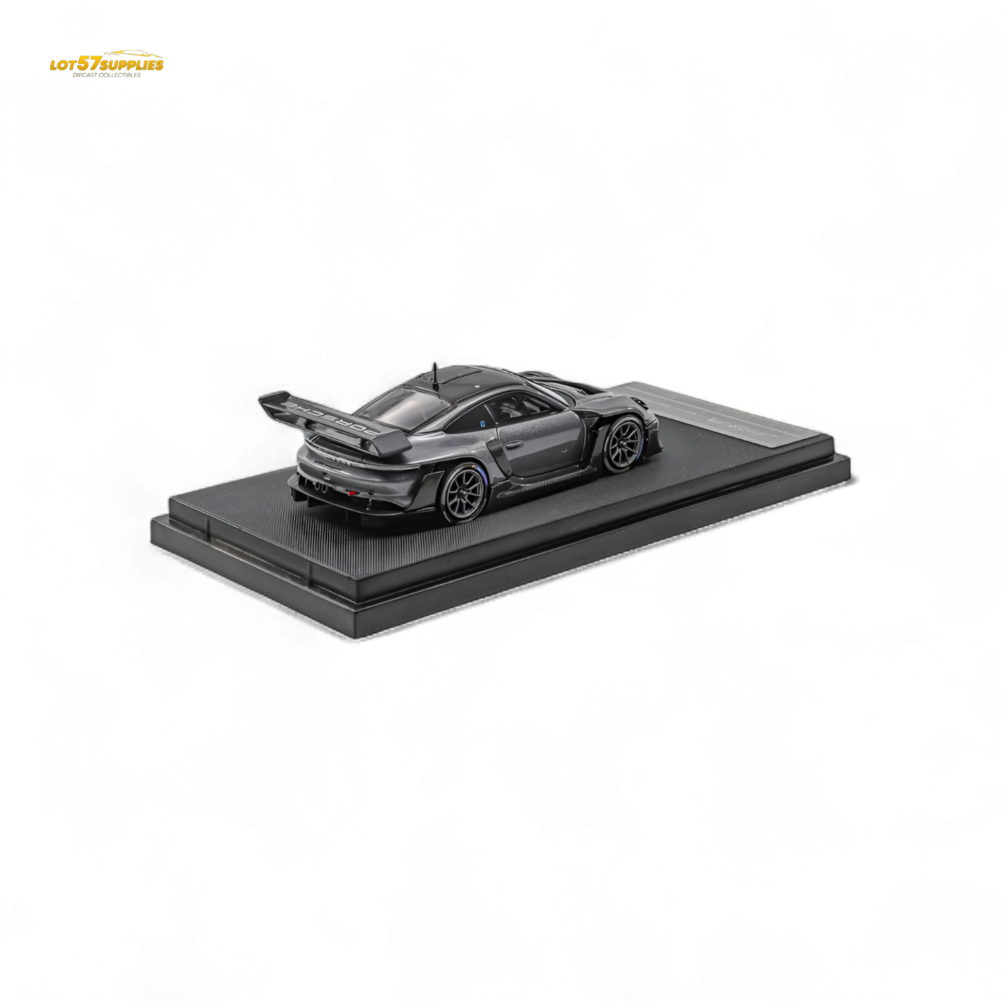 Pre-order Porsche 911 GT3 R diecast car in Rennsport Grey, 1:64 scale by Lot57Supplies Diecast Shop, shown from the side.