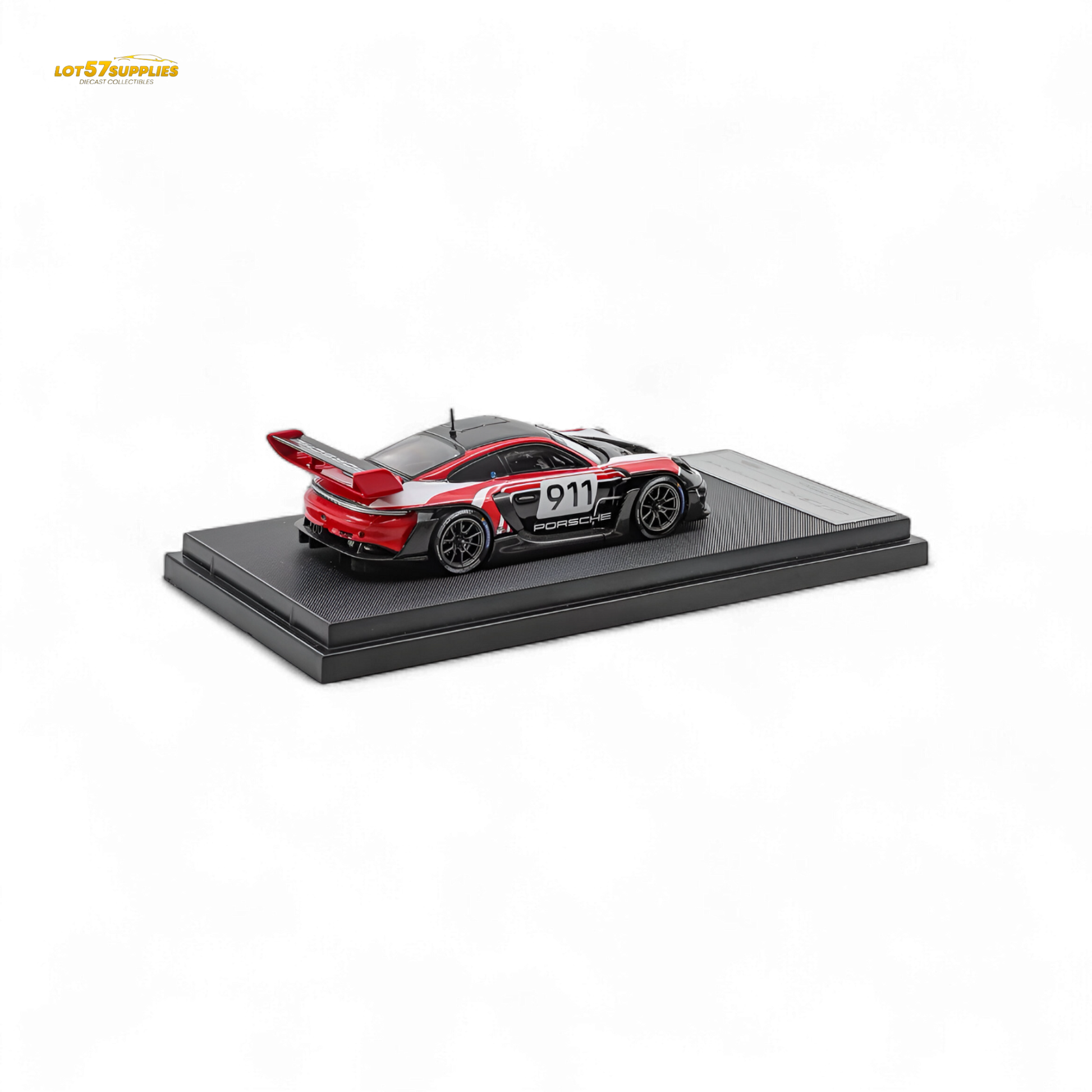 Red and white Porsche 911 GT3 R diecast model in 1:64 scale, detailed replica from Lot57Supplies Diecast Shop.
