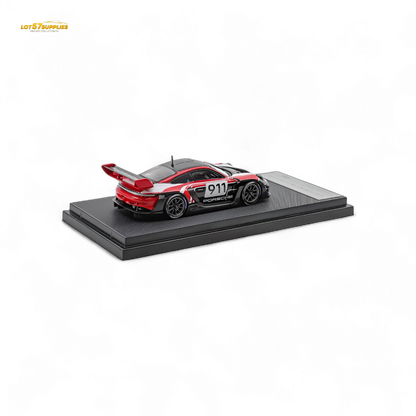 Red and white Porsche 911 GT3 R diecast model in 1:64 scale, detailed replica from Lot57Supplies Diecast Shop.