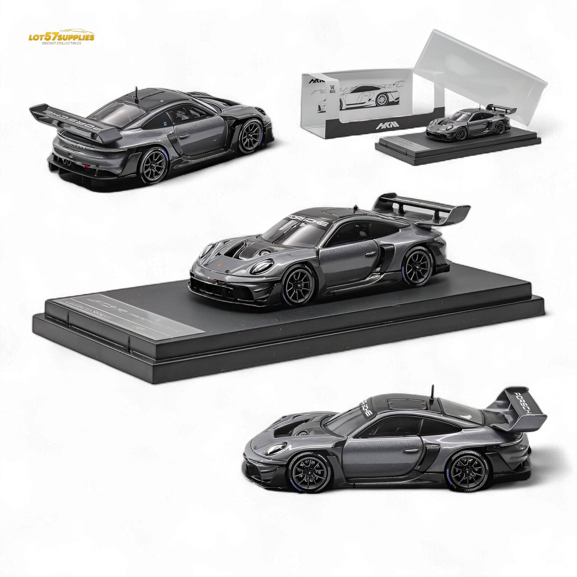 Pre-order Porsche 911 GT3 R Rennsport Grey diecast car by Lot57Supplies, 1:64 scale, detailed miniature model.