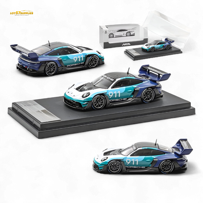 Pre-order Lot57Supplies diecast Porsche 911 GT3 R Rennsport in blue and white, detailed 1:64 scale model for collectors.