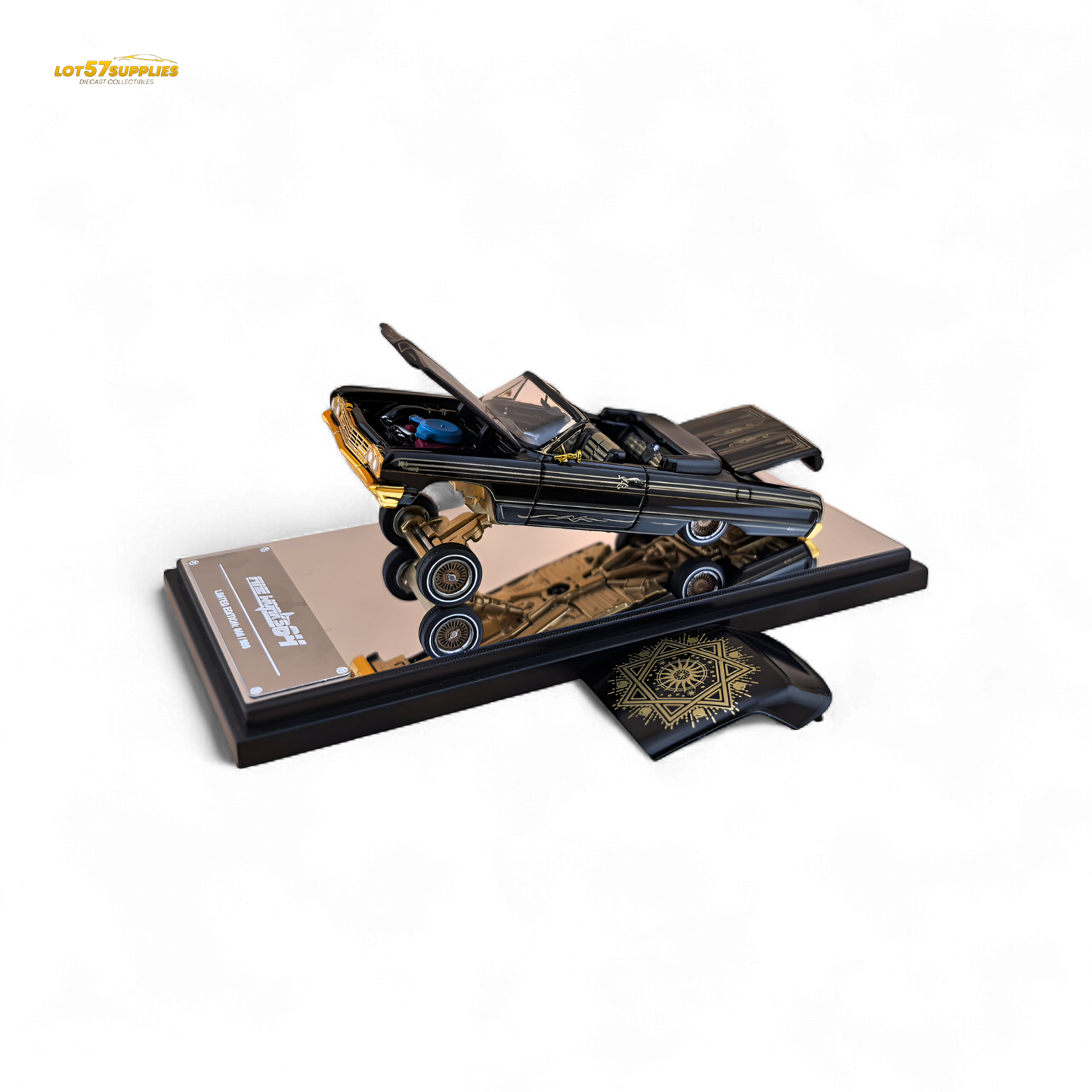 Black and gold Chevrolet Impala lowrider diecast model in 1:64 scale from Lot57Supplies Diecast Shop, showcasing detailed livery.