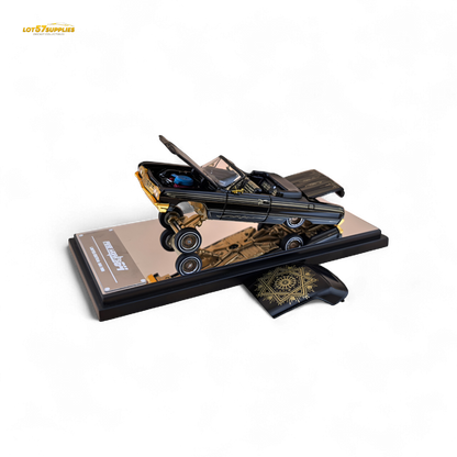 Black and gold Chevrolet Impala lowrider diecast model in 1:64 scale from Lot57Supplies Diecast Shop, showcasing detailed livery.