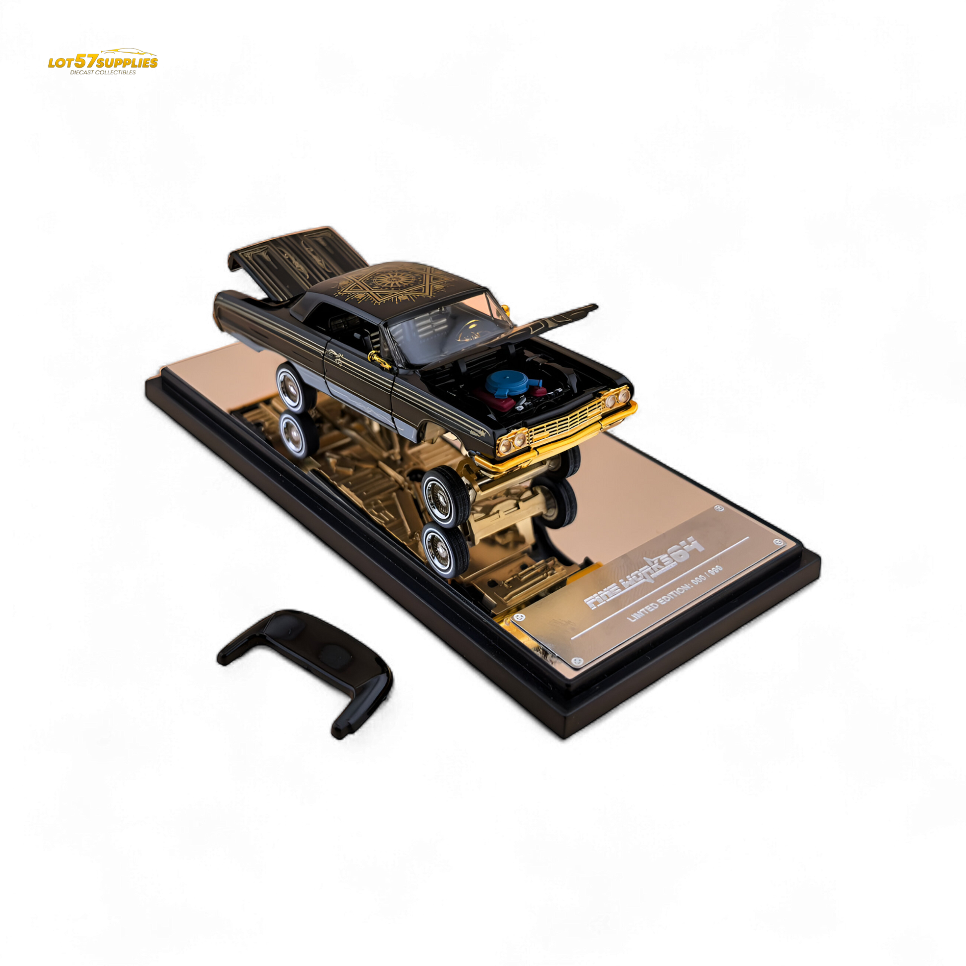 Miniature Chevrolet Impala lowrider diecast model in black and gold livery, 1:64 scale, by Lot57Supplies Diecast Shop.
