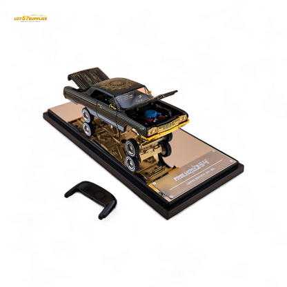 Miniature Chevrolet Impala lowrider diecast model in black and gold livery, 1:64 scale, by Lot57Supplies Diecast Shop.