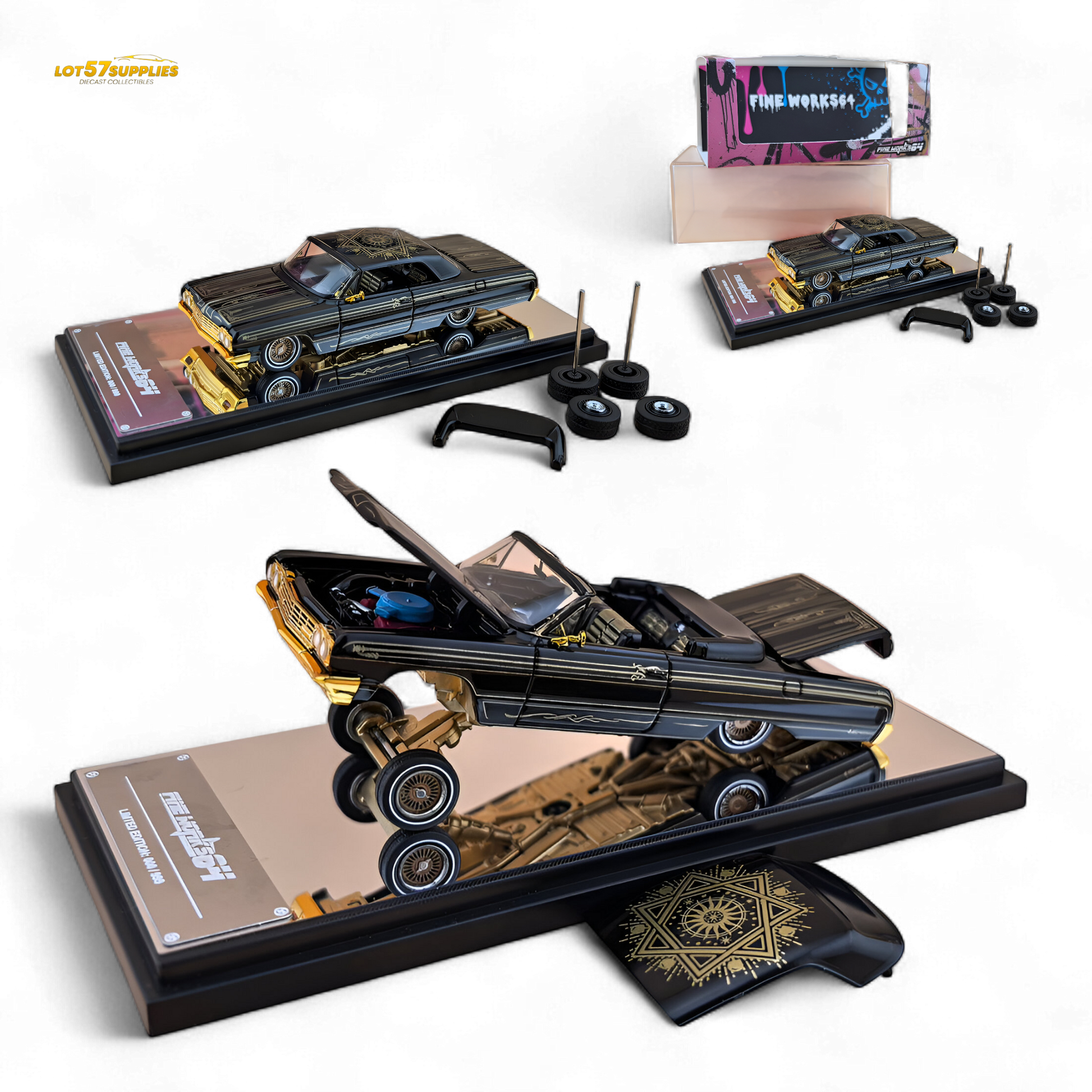 Black and gold Chevrolet Impala Lowrider diecast model in 1:64 scale by Lot57Supplies Diecast Shop, showing detailed exterior design.