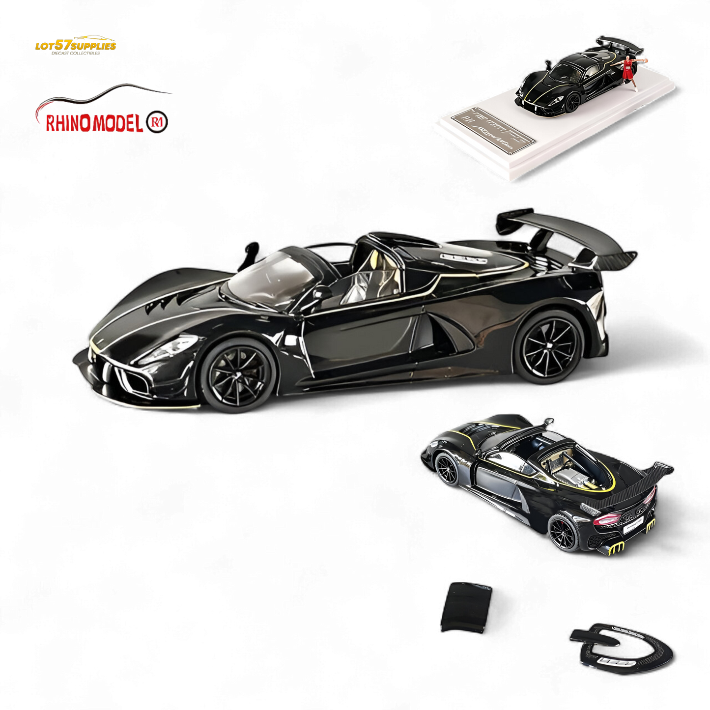 Black Hennessey Venom F5 diecast model by Rhino Model RM, 1:64 scale, showcasing detailed exterior design.