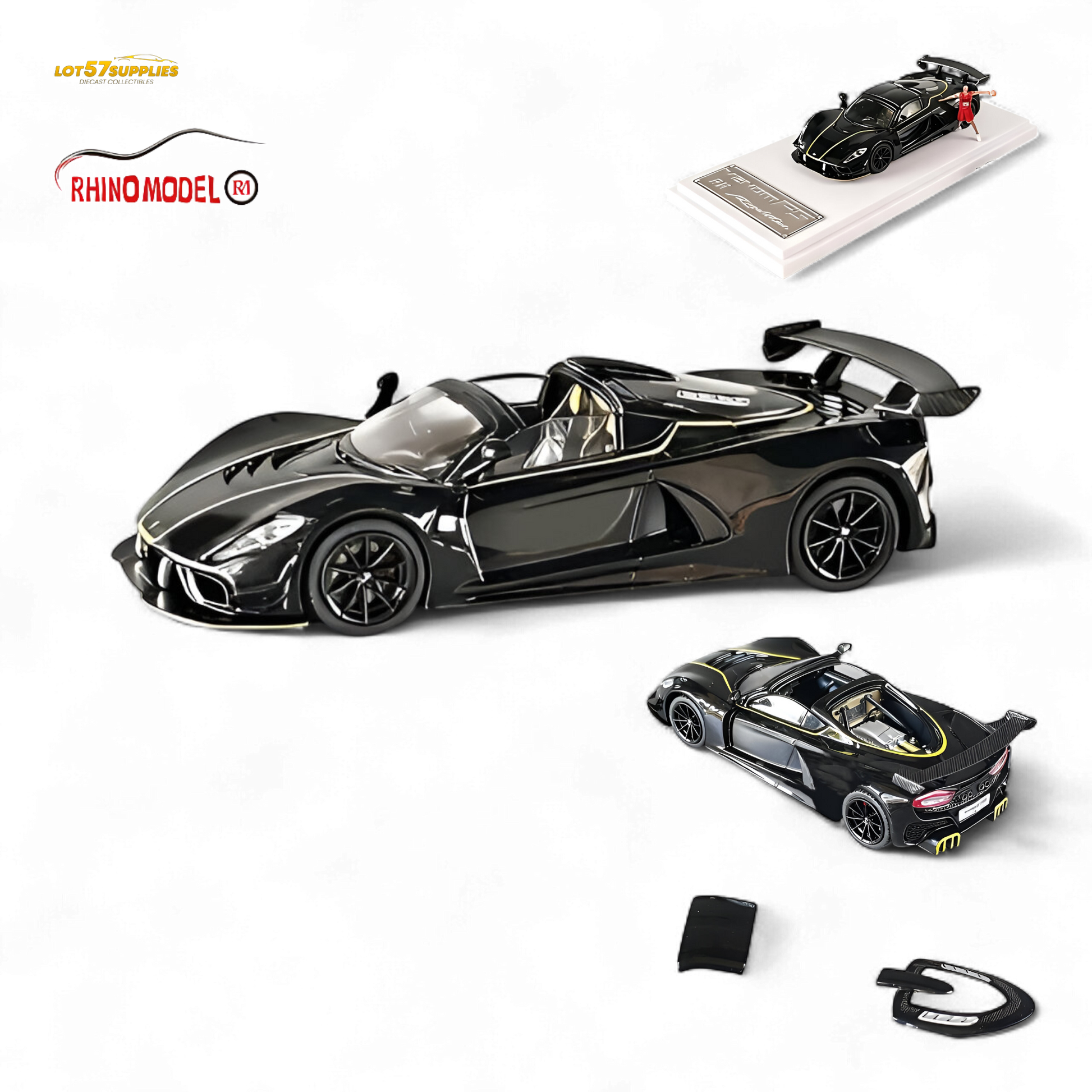 Black Hennessey Venom F5 diecast model by Rhino Model RM, 1:64 scale, showcasing detailed exterior design.
