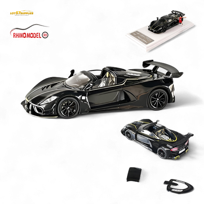 Black Hennessey Venom F5 diecast model by Rhino Model RM, 1:64 scale, showcasing detailed exterior design.