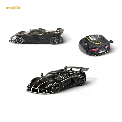 Black Hennessey Venom F5 diecast model by Rhino Model RM, 1:64 scale, detailed replica with sleek design and authentic features.