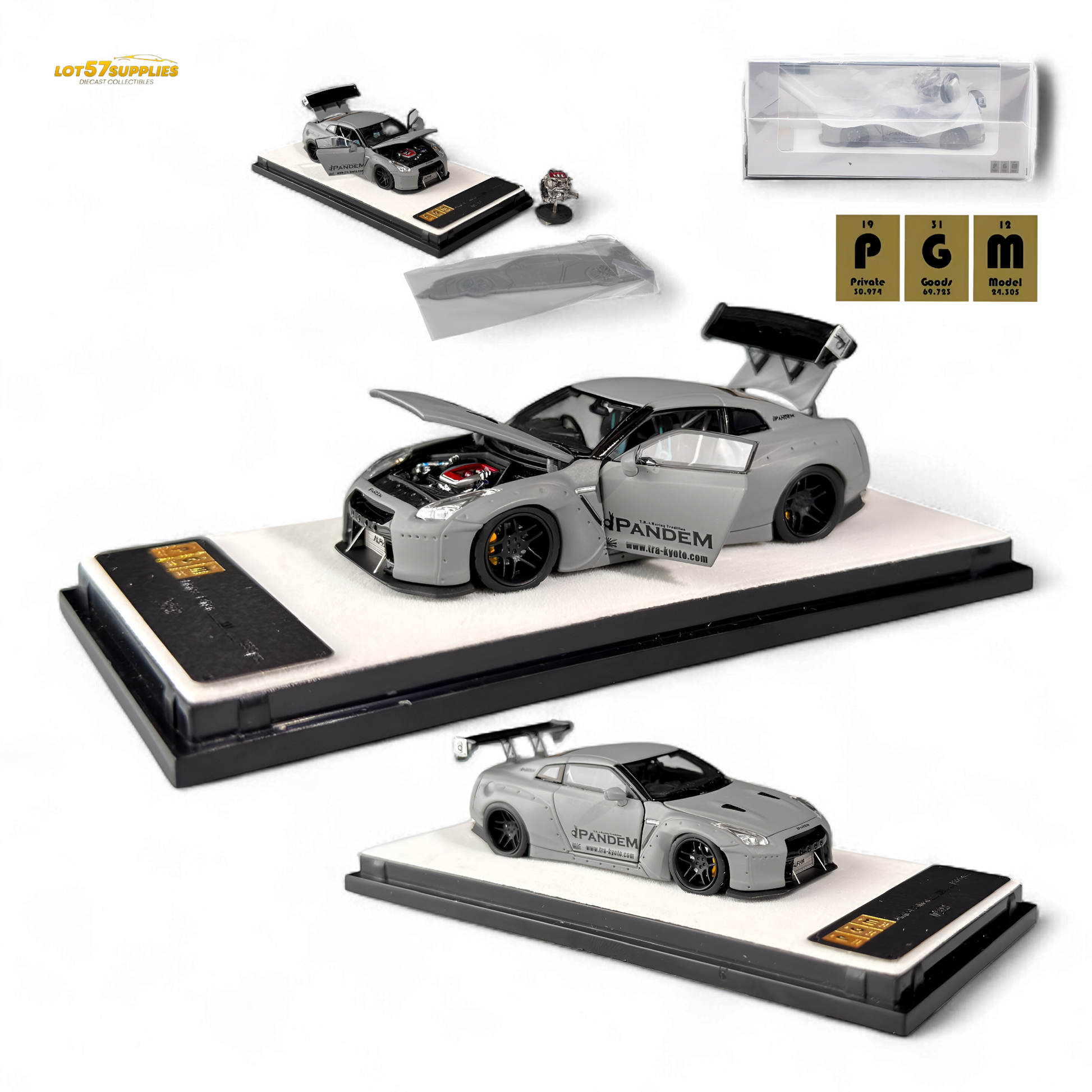 Nissan PGM Rocket Bunny R35 diecast model car in combat grey, 1:64 scale, featuring detailed design and racing livery.