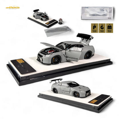 Nissan PGM Rocket Bunny R35 diecast model car in combat grey, 1:64 scale, featuring detailed design and racing livery.