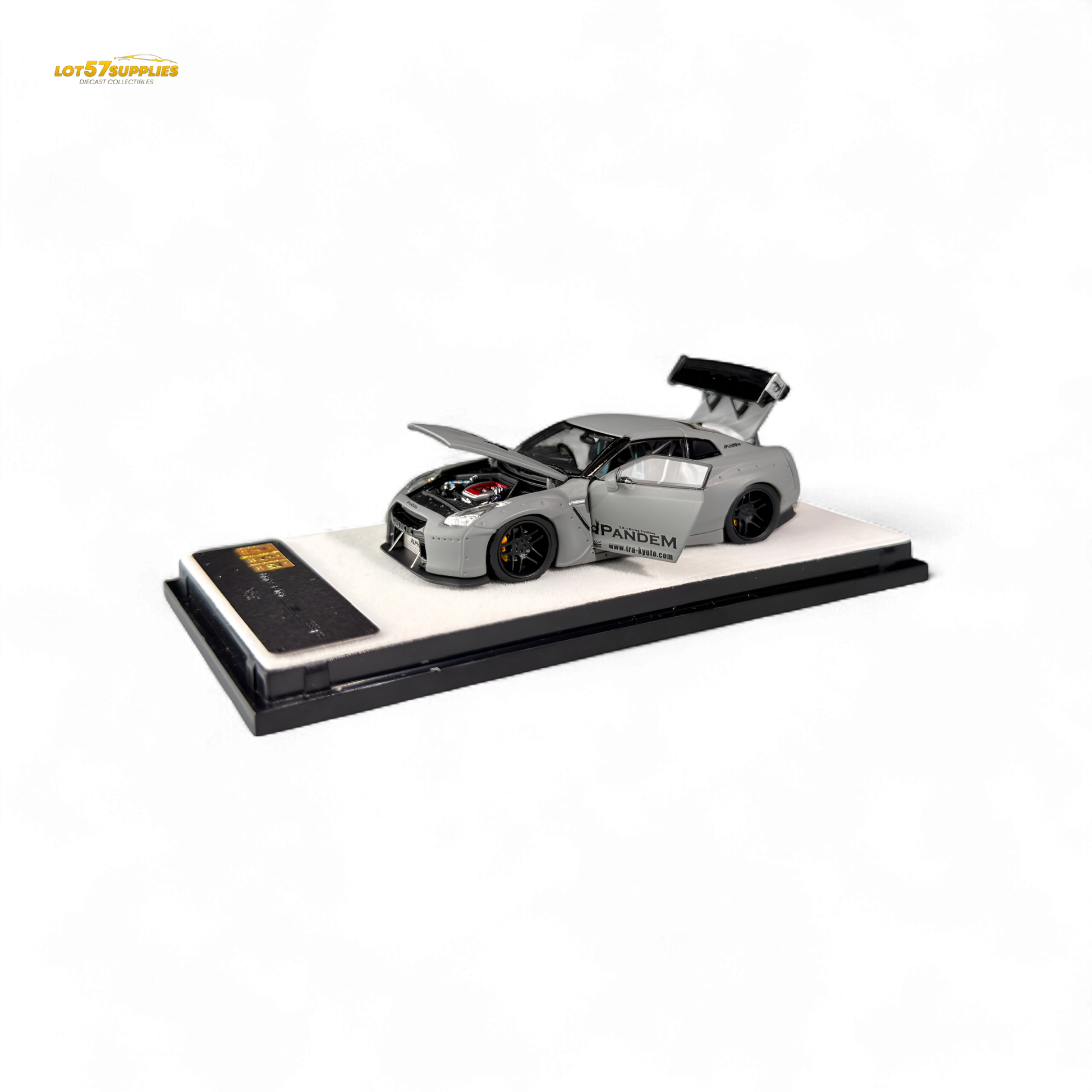 Nissan PGM Rocket Bunny R35 diecast model car in Combat Grey, 1:64 scale by Lot57Supplies Diecast Shop, detailed miniature vehicle.