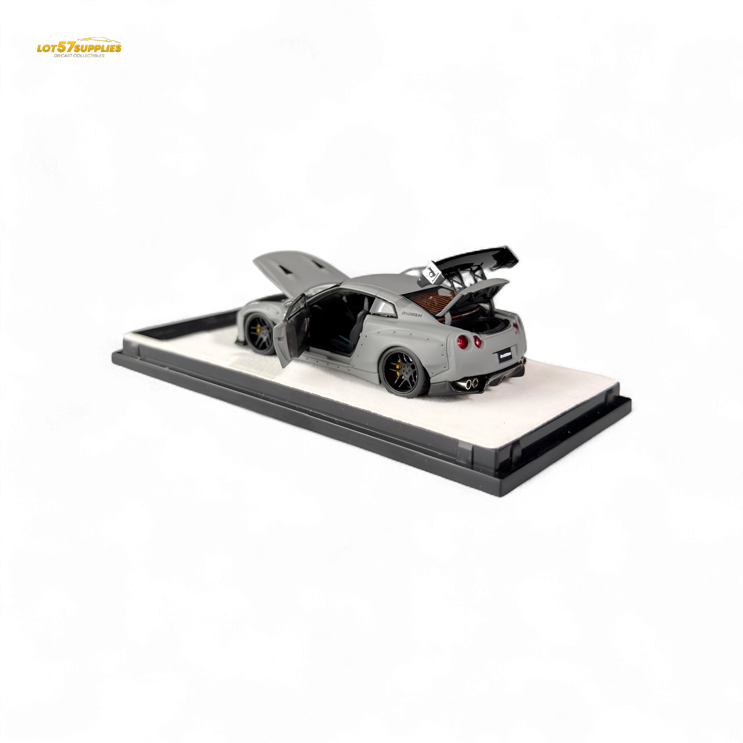 Diecast Nissan PGM Rocket Bunny R35 in combat grey, 1:64 scale model by Lot57Supplies Diecast Shop, detailed and collectible.