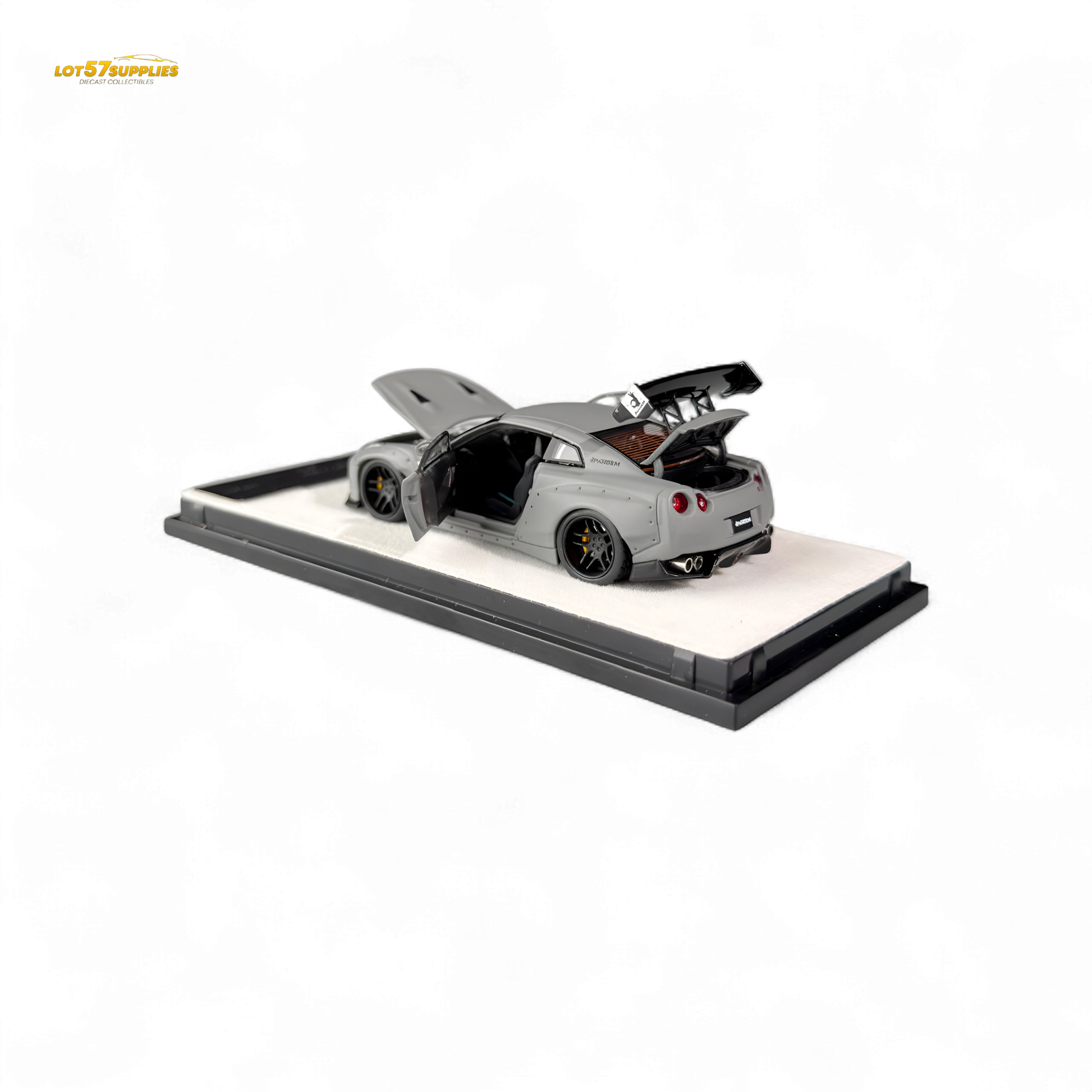 Diecast Nissan PGM Rocket Bunny R35 in combat grey, 1:64 scale model by Lot57Supplies Diecast Shop, detailed and collectible.