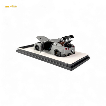 Diecast Nissan PGM Rocket Bunny R35 in combat grey, 1:64 scale model by Lot57Supplies Diecast Shop, detailed and collectible.