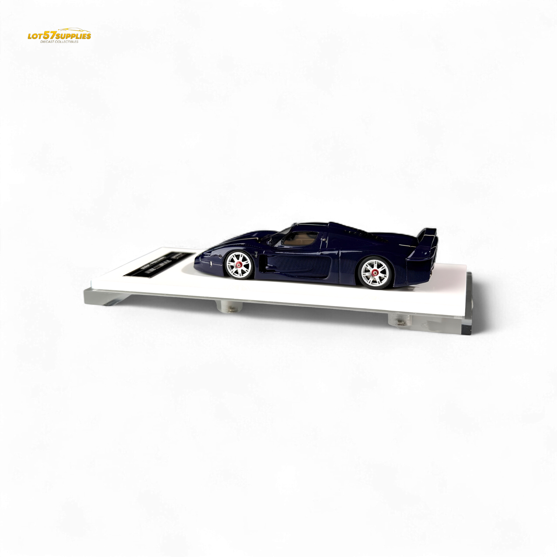 Blue Maserati MC12 Stradale Corsa diecast model in 1:64 scale, detailed blue carbon design from Lot57Supplies Diecast Shop.