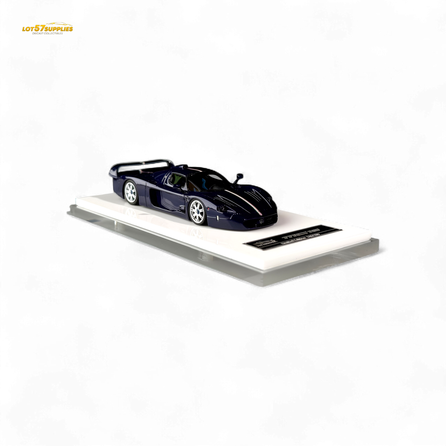 Blue YM Model Maserati MC12 Stradale Corsa diecast car in 1:64 scale, detailed miniature with blue carbon accents.