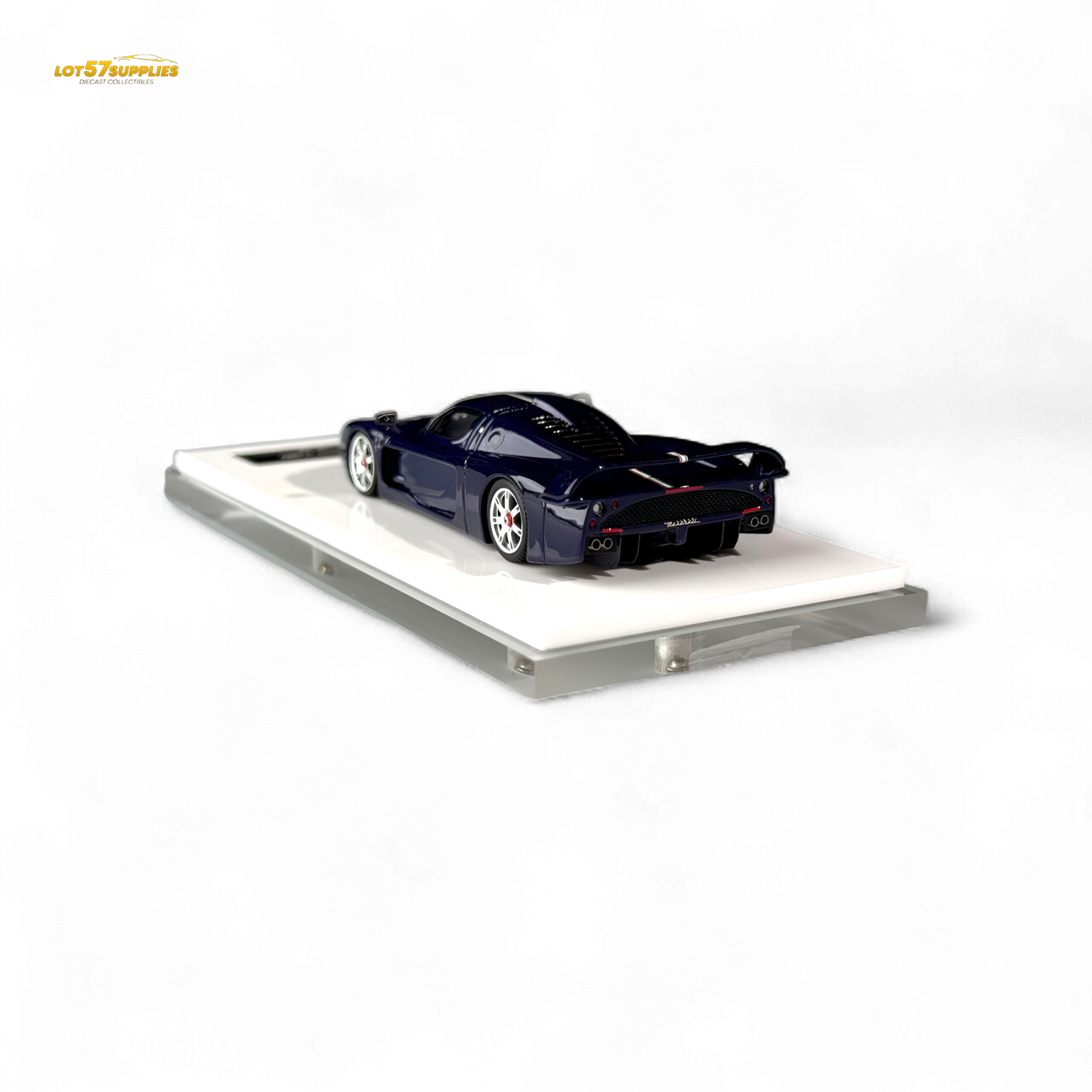 Blue Maserati MC12 Stradale Corsa diecast model by Lot57Supplies, detailed 1:64 scale car with carbon accents.