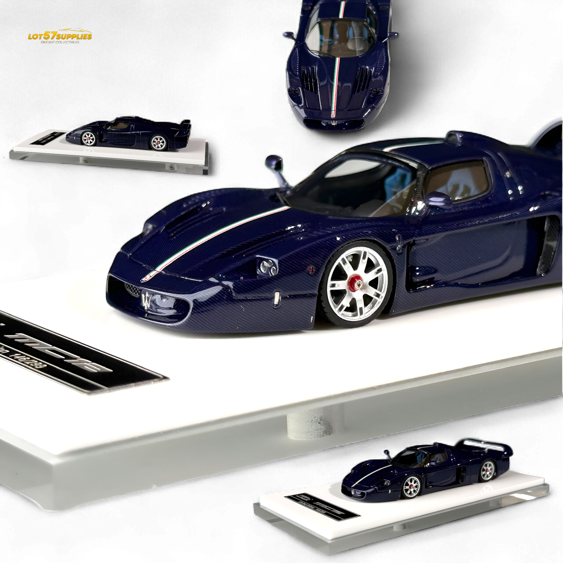 Blue diecast model of Maserati MC12 Stradale Corsa in 1:64 scale, showcasing detailed carbon fiber design and sleek sports car features.