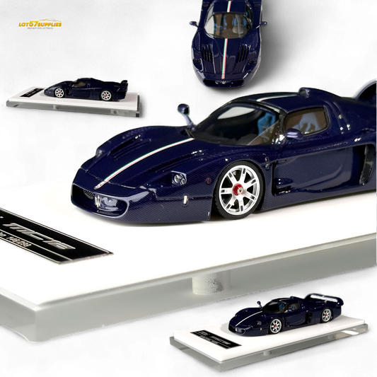 Blue diecast model of Maserati MC12 Stradale Corsa in 1:64 scale, showcasing detailed carbon fiber design and sleek sports car features.